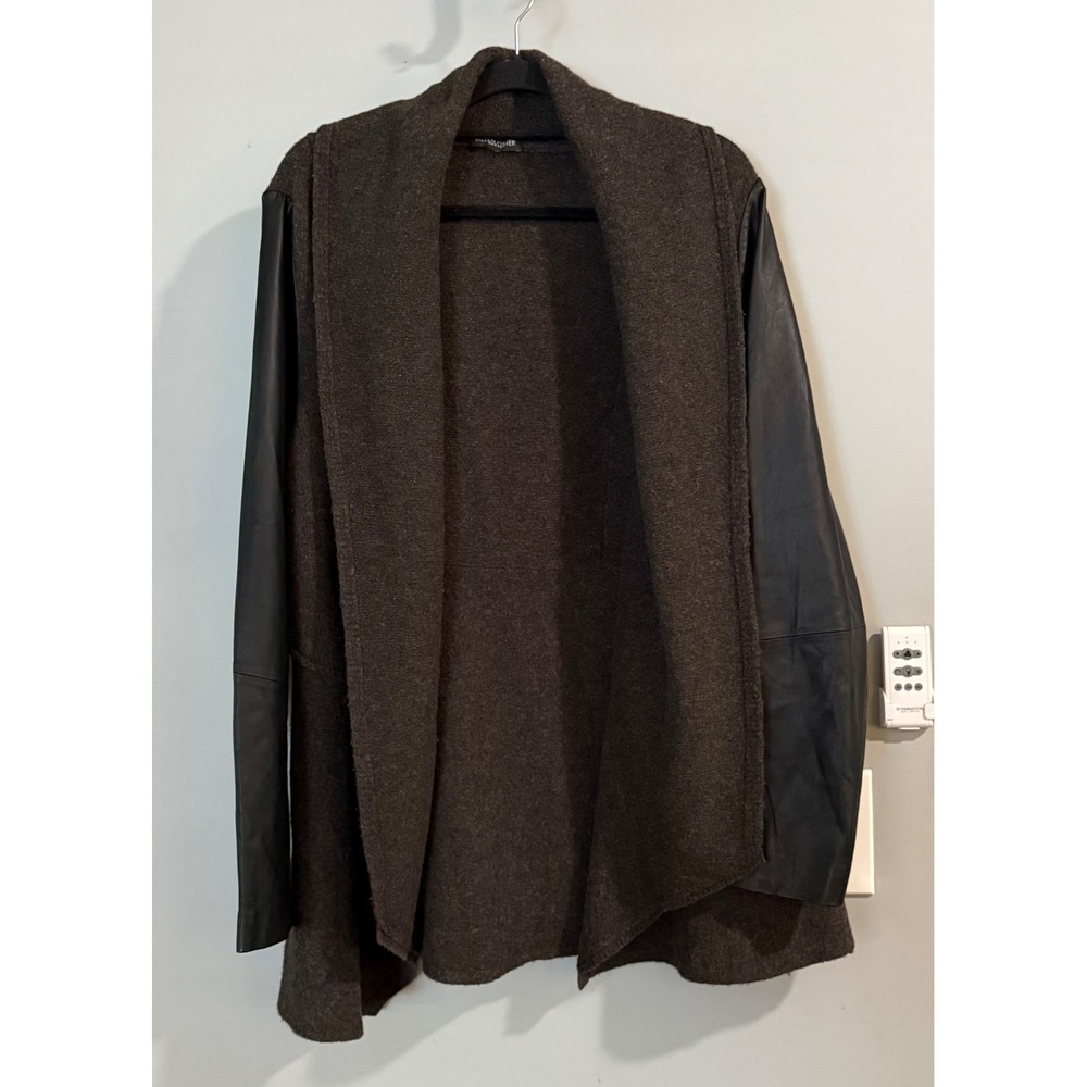 Eileen Fisher Cardigan Woman Plus Brown Leather Sleeve Wool Blend Open Front